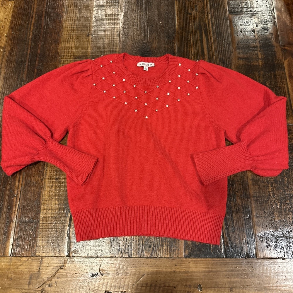 Nanette Lapore Women's Large Red Rhinestone Long Sleeve Sweater